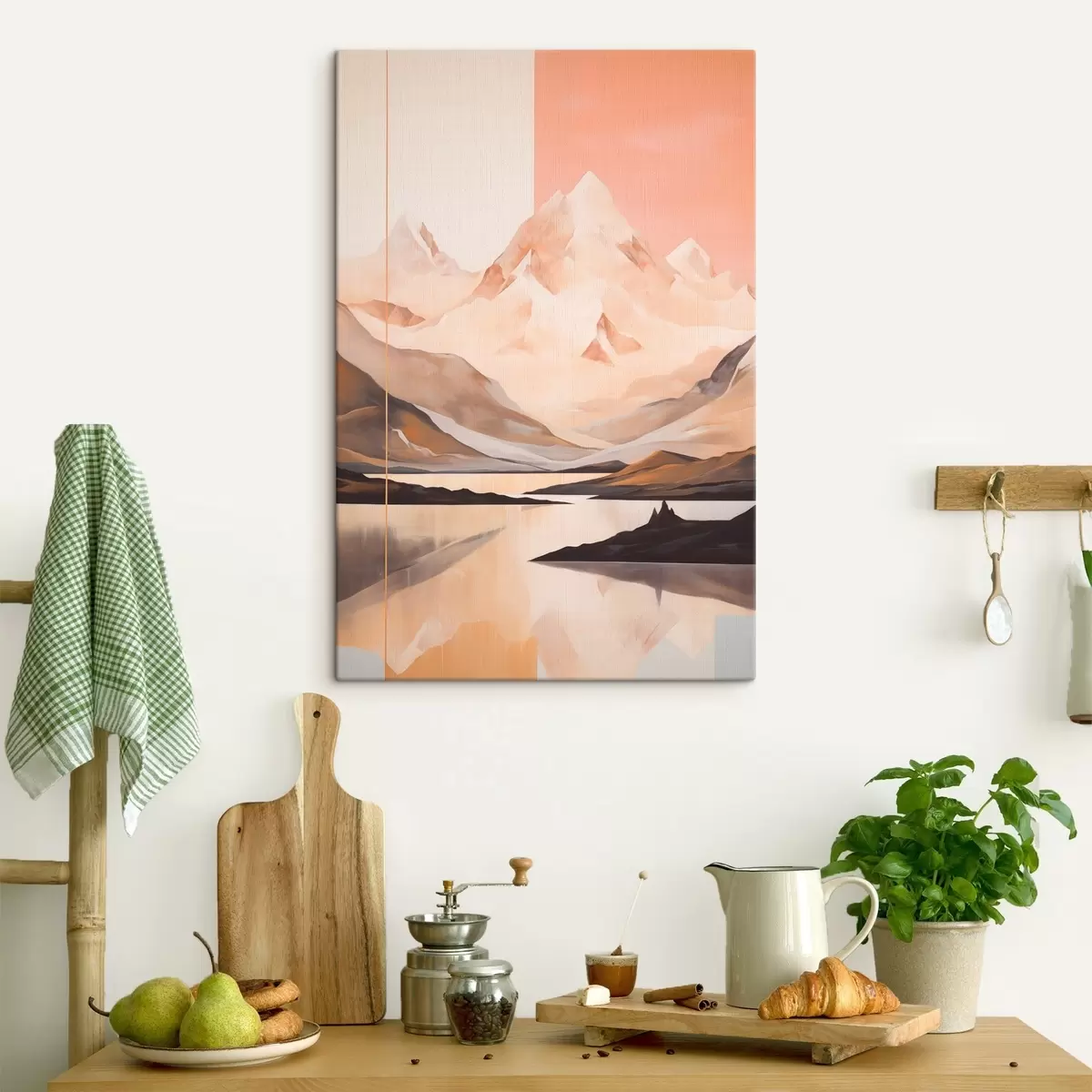  Schilderijen Abstract landschap met bergen en een meer, pastelkleuren, minimalistische stijl s45949