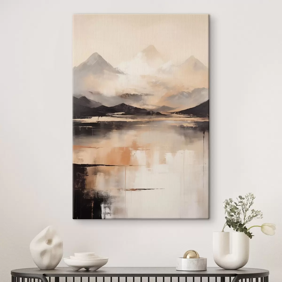  Schilderijen Een landschapsschilderij met textuur dat bergen en een meer imiteert s45950