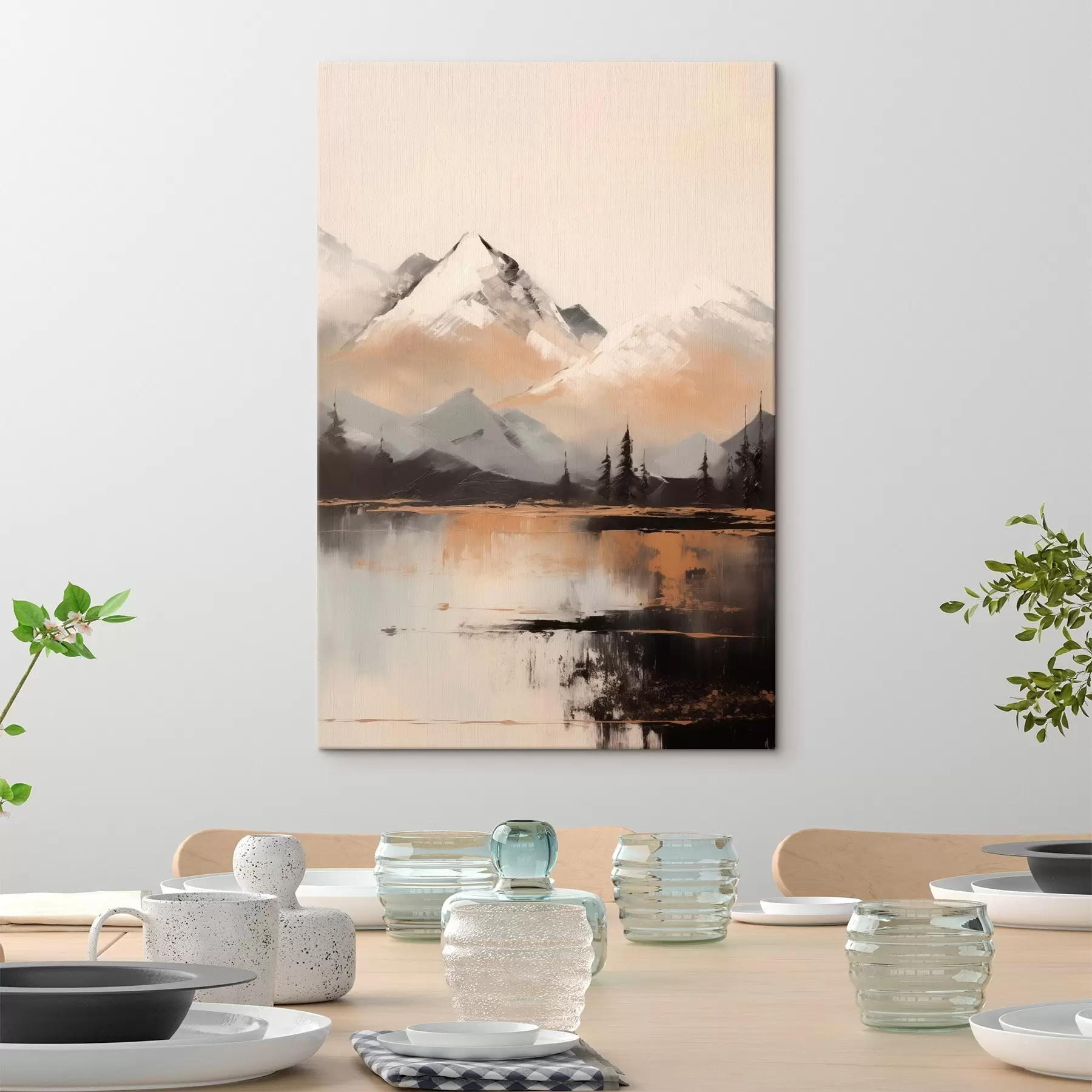  Schilderijen Besneeuwde bergen met een textuur en enkele bomen voor een meer s45951