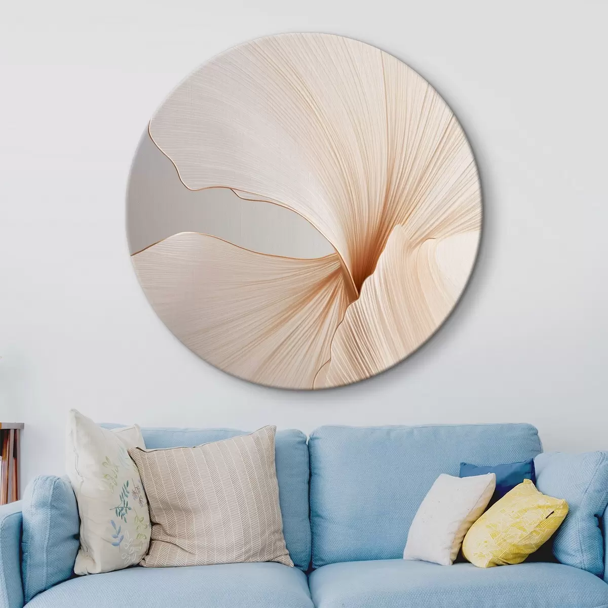 Ronde schilderijen Abstracte bloemen met dunne, delicate bloemblaadjes in witte en beige tinten r45923