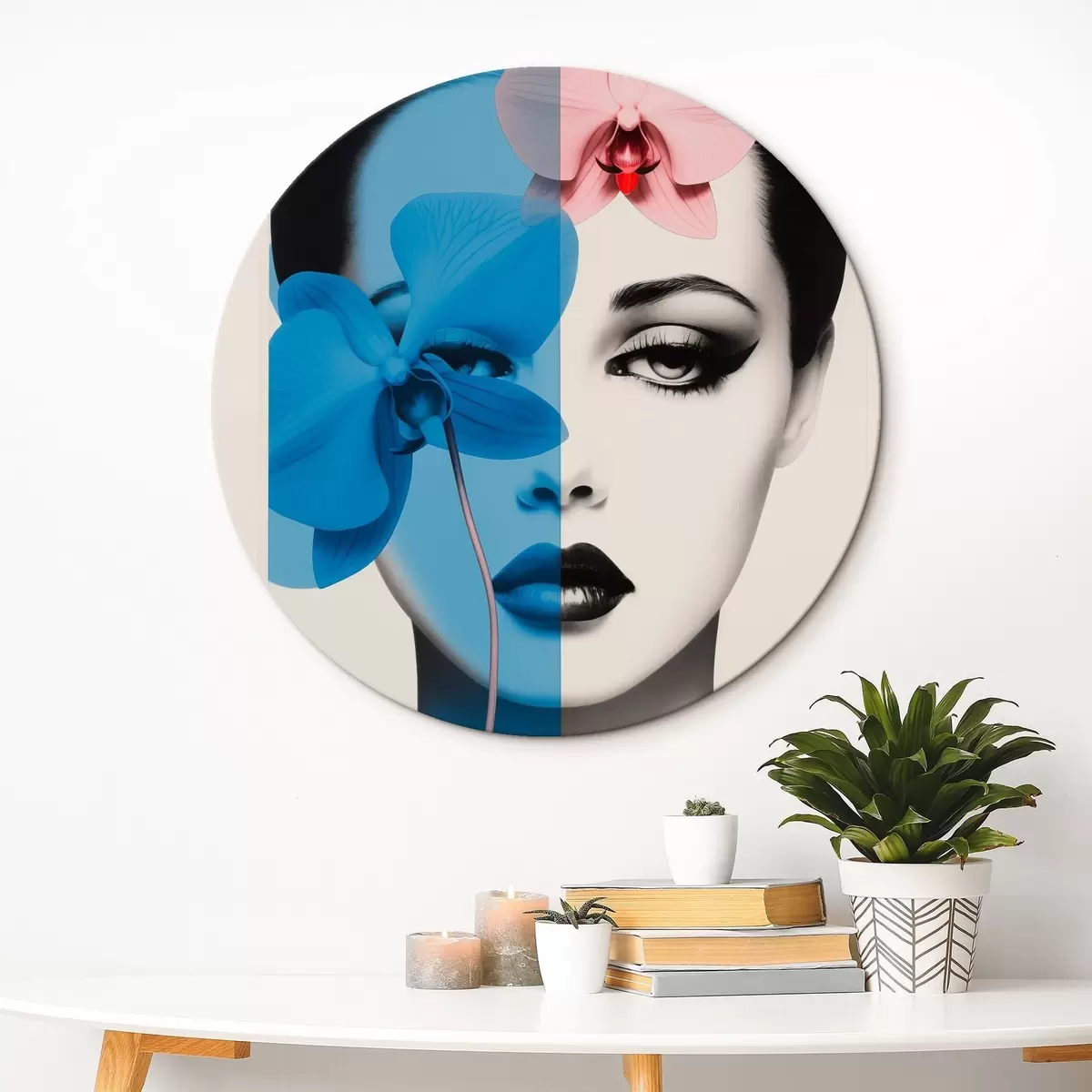 Ronde schilderijen Abstract kunstportret van een vrouw met orchideeën r45924
