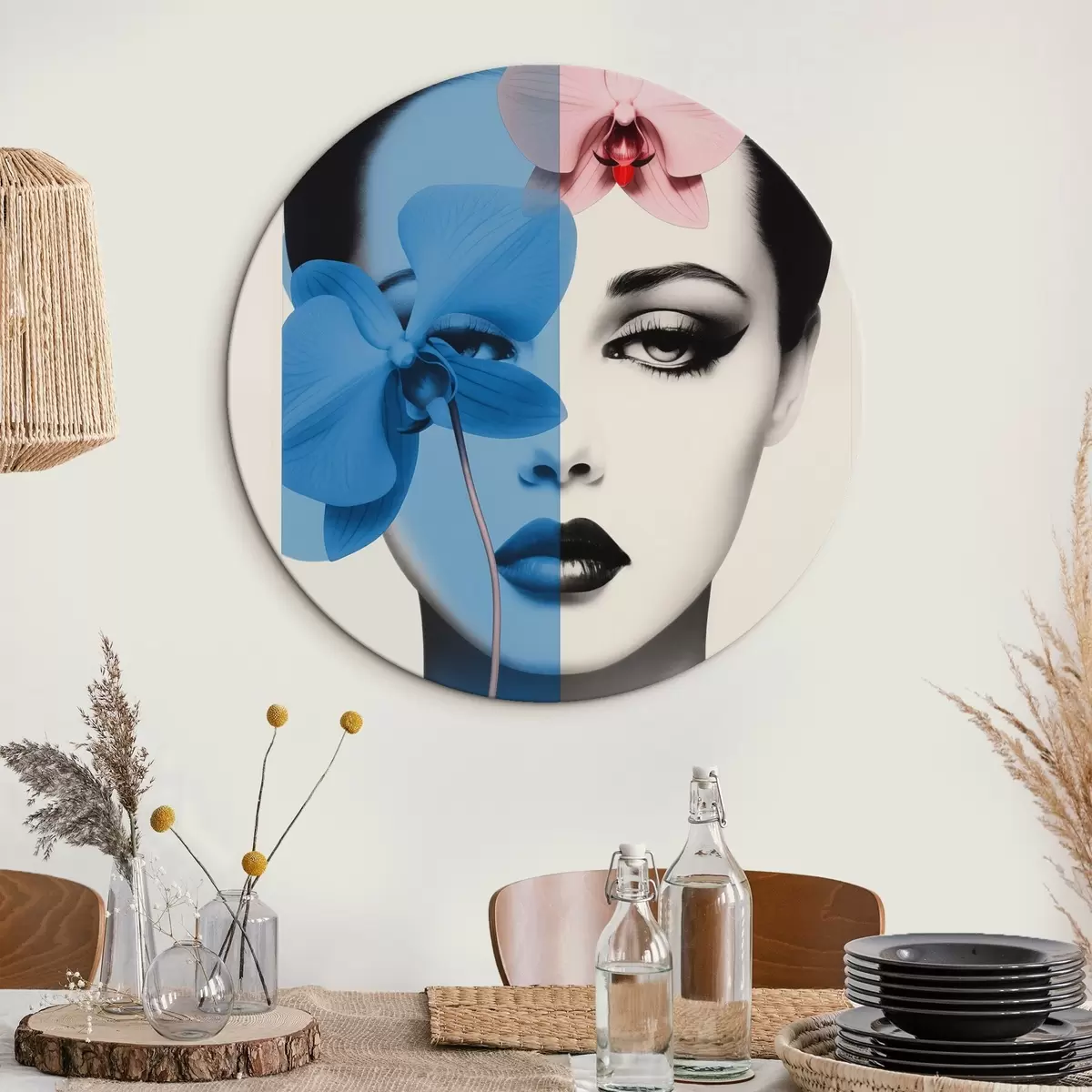 Ronde schilderijen Abstract kunstportret van een vrouw met orchideeën r45924