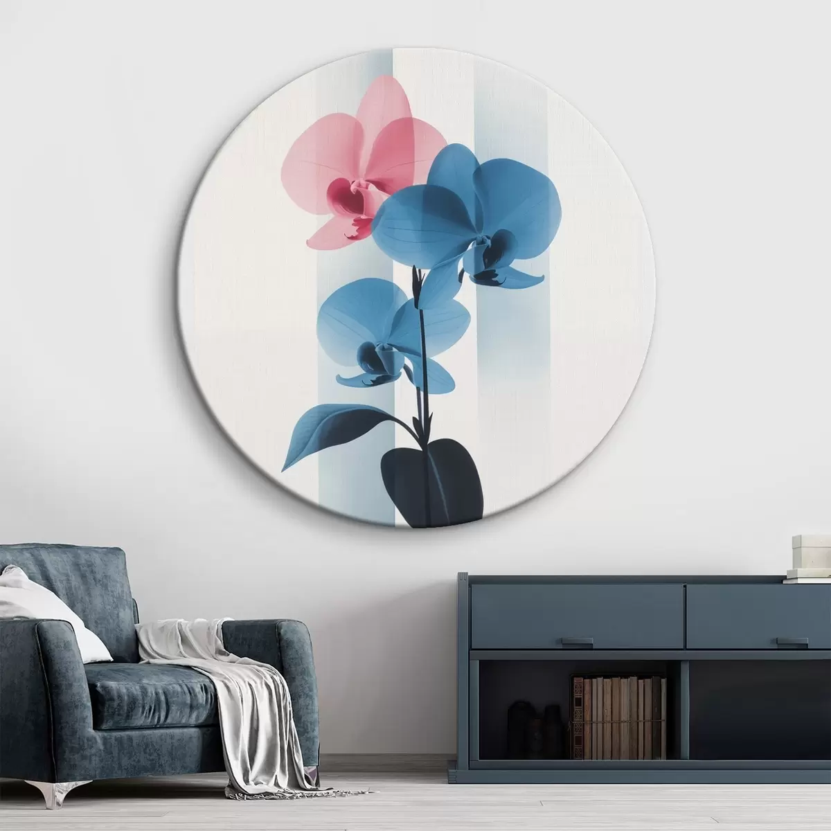Ronde schilderijen Orchideeën met bladeren op een witte achtergrond met verticale strepen r45925