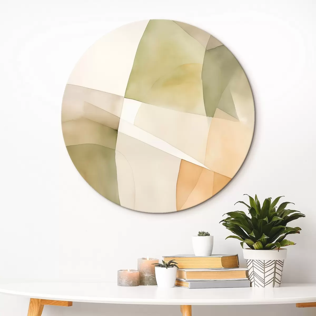 Ronde schilderijen Abstracte geometrische vormen met waterverftextuur in tinten groen, bruin en beige r45928