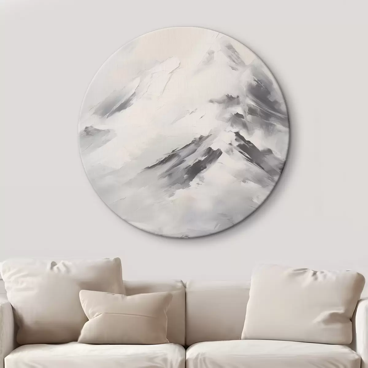 Ronde schilderijen Besneeuwde bergtoppen met grijze schaduwen, grijze lucht, penseelstreken, gestructureerd, minimalistisch r45932