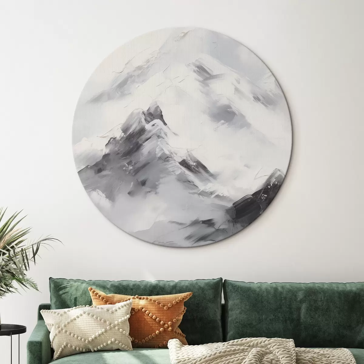 Ronde schilderijen Besneeuwde bergtoppen met grijze schaduwen, grijze lucht, penseelstreken, gestructureerd, minimalistisch r45933