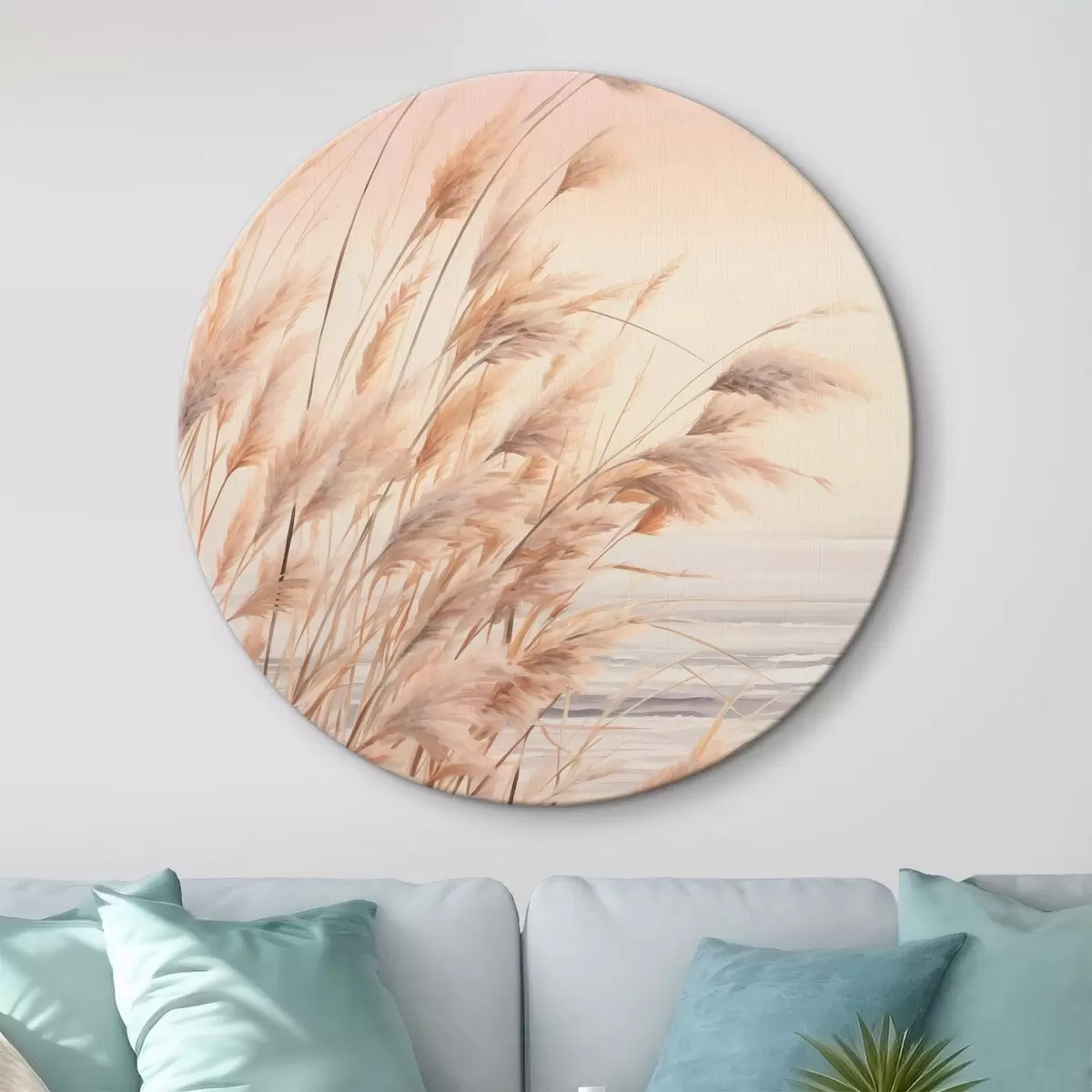 Ronde schilderijen Pampagras met pasteloranje kleurenpalet, lichtroze lucht, een rustig landschap r45934