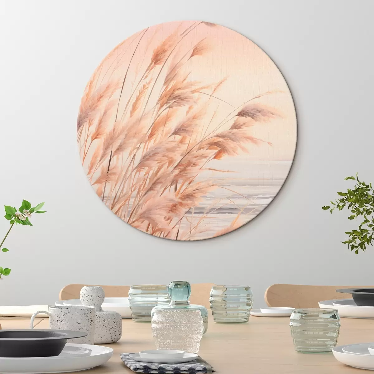 Ronde schilderijen Pampagras met pasteloranje kleurenpalet, lichtroze lucht, een rustig landschap r45934