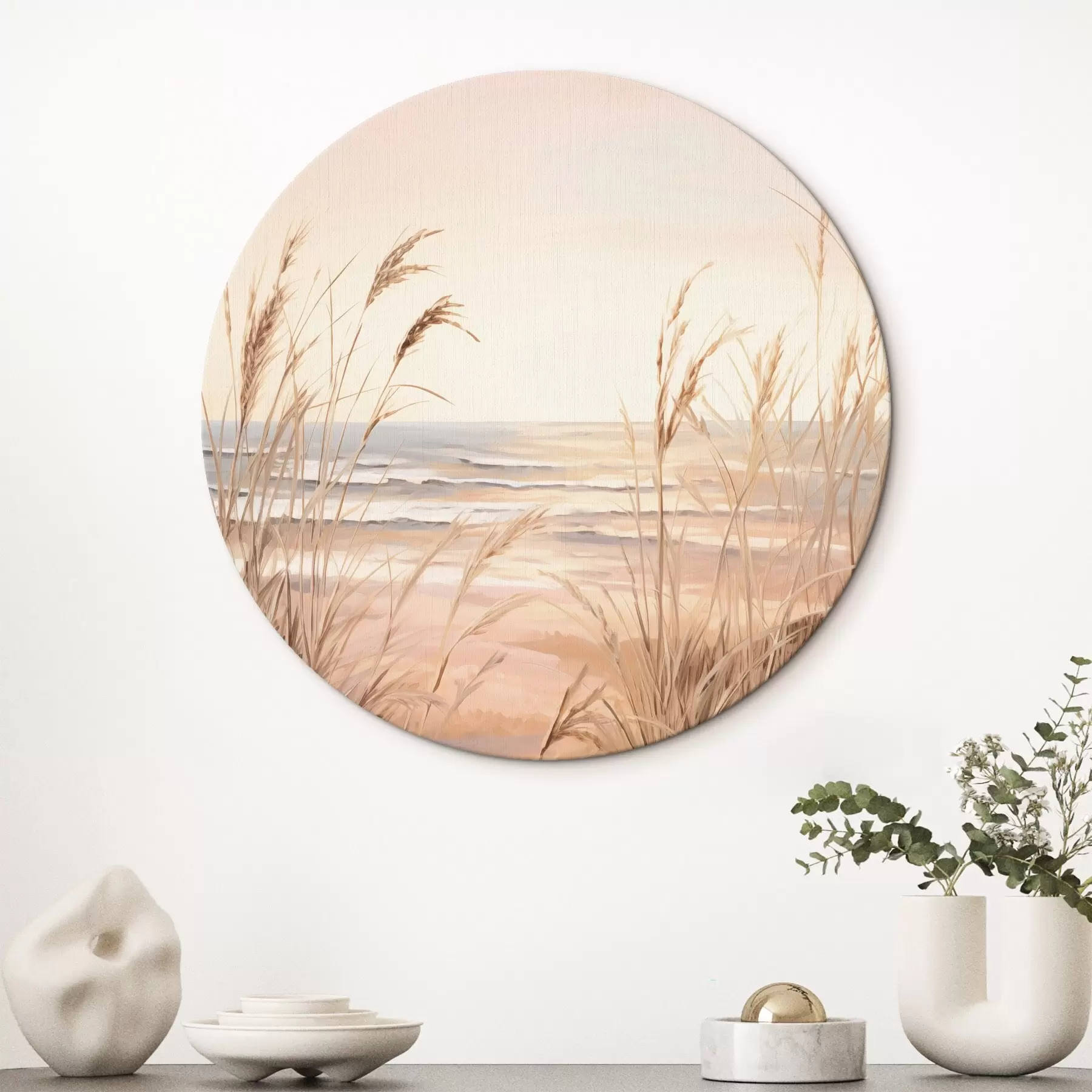  Schilderijen Pampagras met pasteloranje kleurenpalet, lichtroze lucht, een rustig landschap r45935