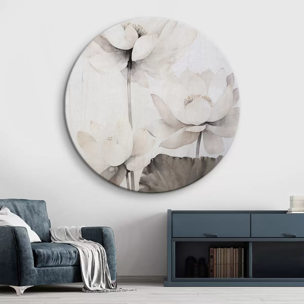 Ronde schilderijen Witte lotusbloemen met textuur en donkere bladeren, lichte achtergrond, minimalistisch ontwerp r45936