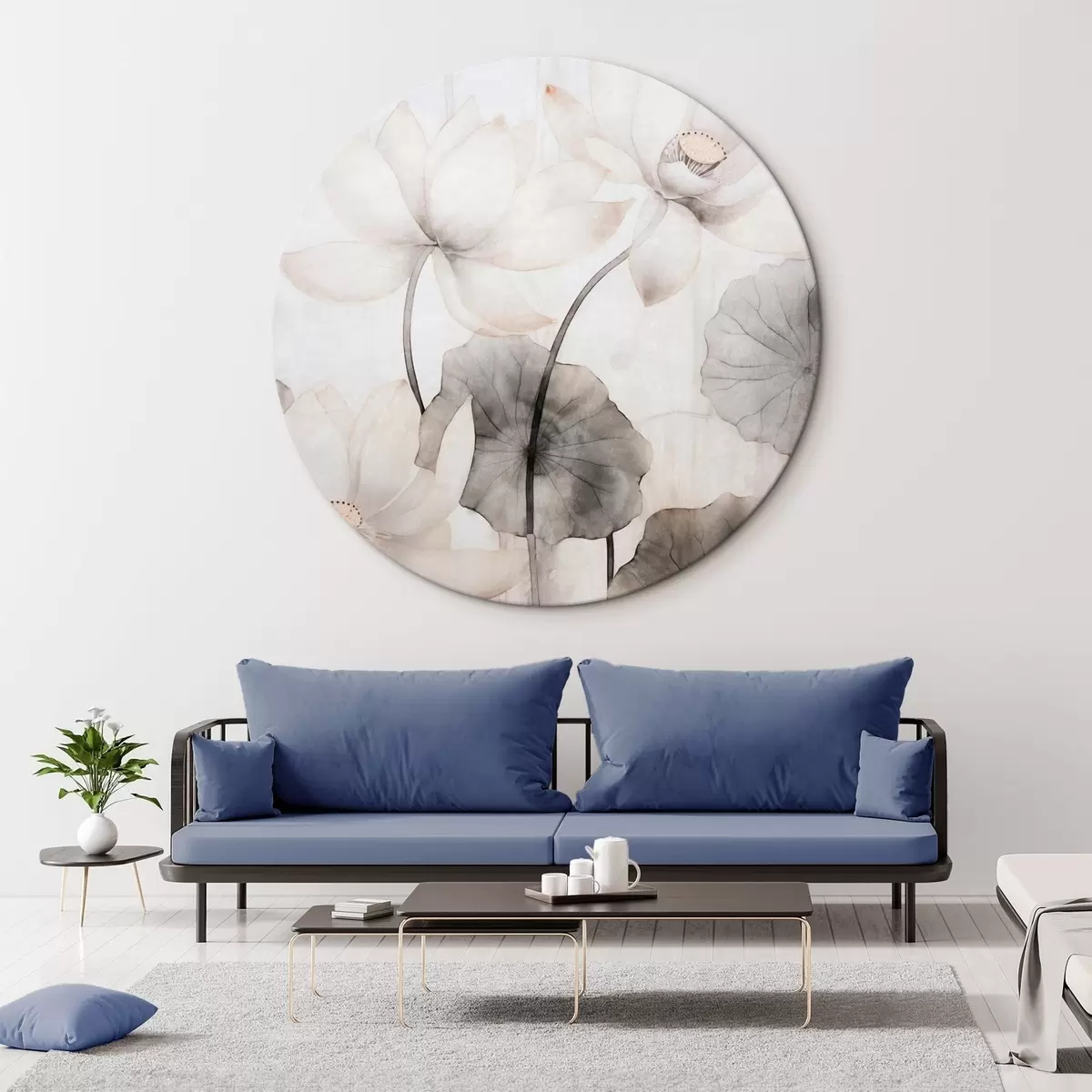 Ronde schilderijen Witte lotusbloemen met textuur en donkere bladeren, lichte achtergrond, minimalistisch ontwerp r45937