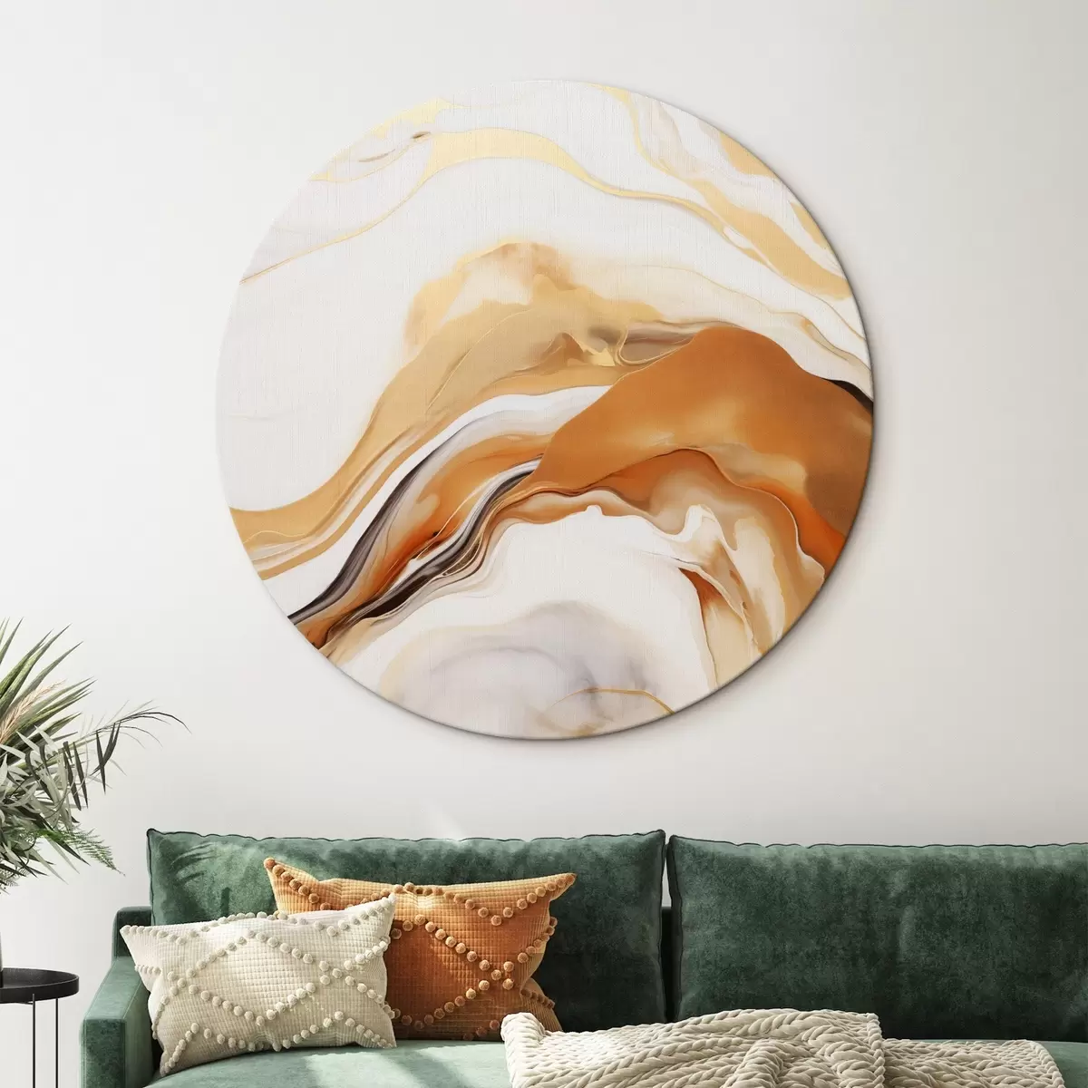 Ronde schilderijen Abstracte schilderkunst imitatie met vloeiende vormen in tinten wit, oranje en bruin, minimalistisch r45938