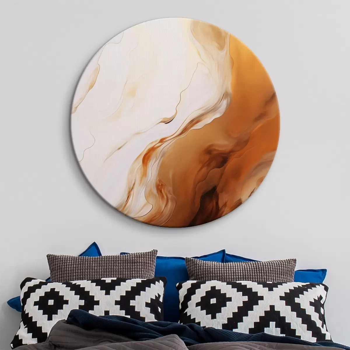 Ronde schilderijen Abstracte schilderkunst imitatie met witte en oranje kleuren, vloeiende kunst met golvende lijnen, moderne kunst r45939