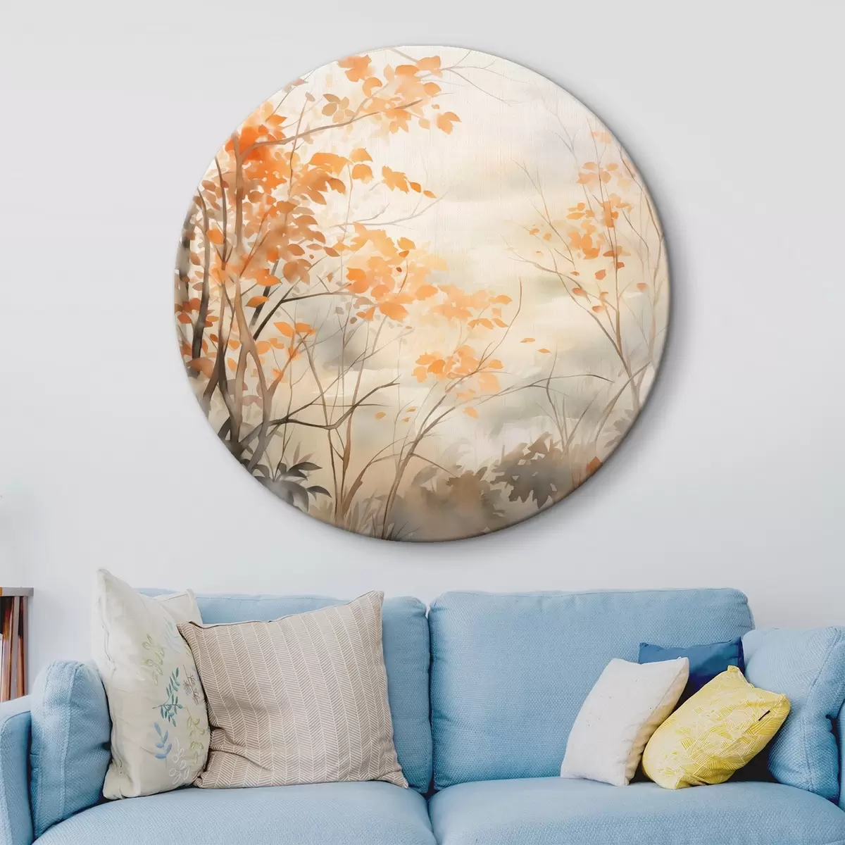 Ronde schilderijen Herfstbomen met oranje bladeren en takken, zachte aquarelstijl, delicate penseelstreken r45941