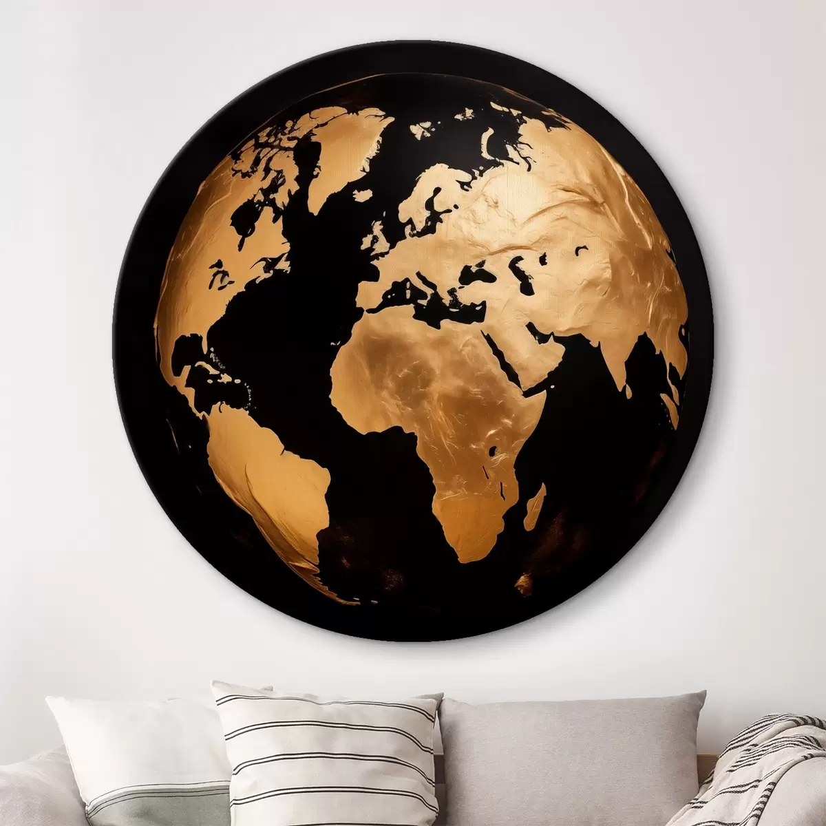 Ronde schilderijen Gele gestructureerde abstracte wereldbol, planeet op een zwarte achtergrond, moderne minimalistische kunst r45942