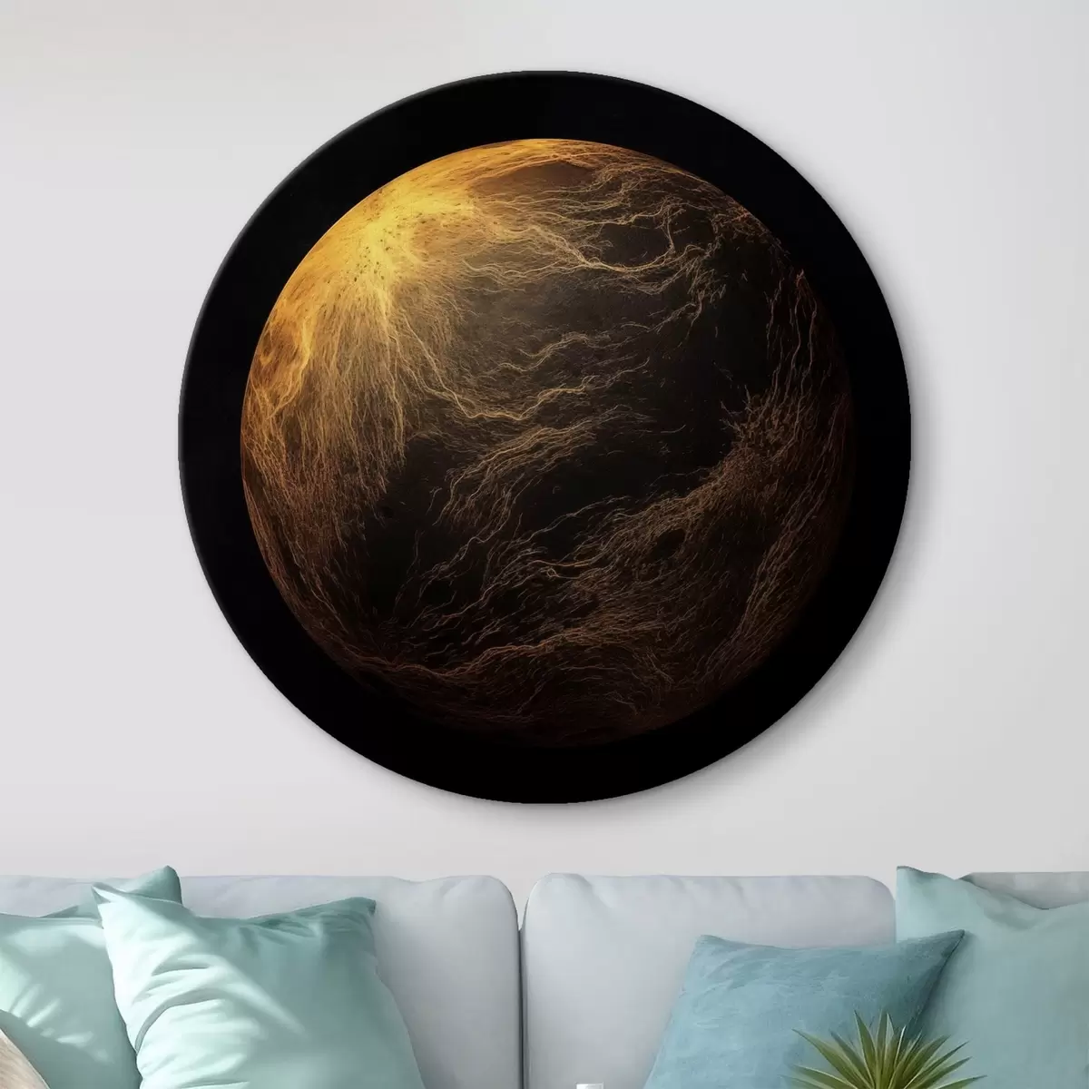 Ronde schilderijen Abstracte planeet met oranje aderen tegen een zwarte ruimteachtergrond, moderne minimalistische kunst r45943