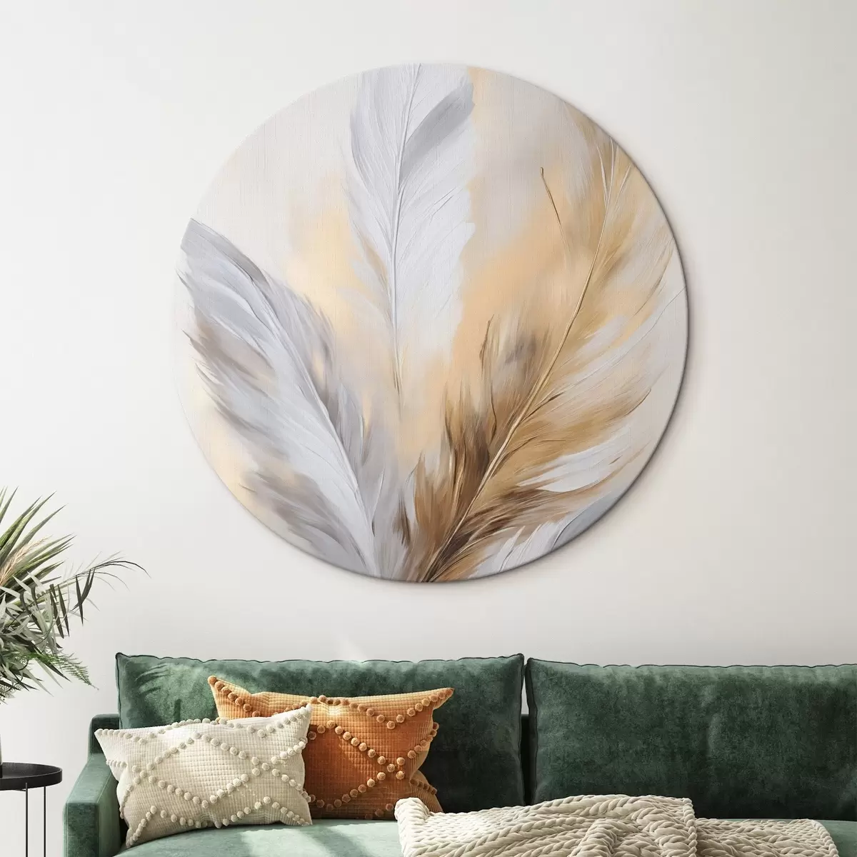 Ronde schilderijen Veren met oranje accenten, minimalistische compositie met textuur, moderne kunst r45945