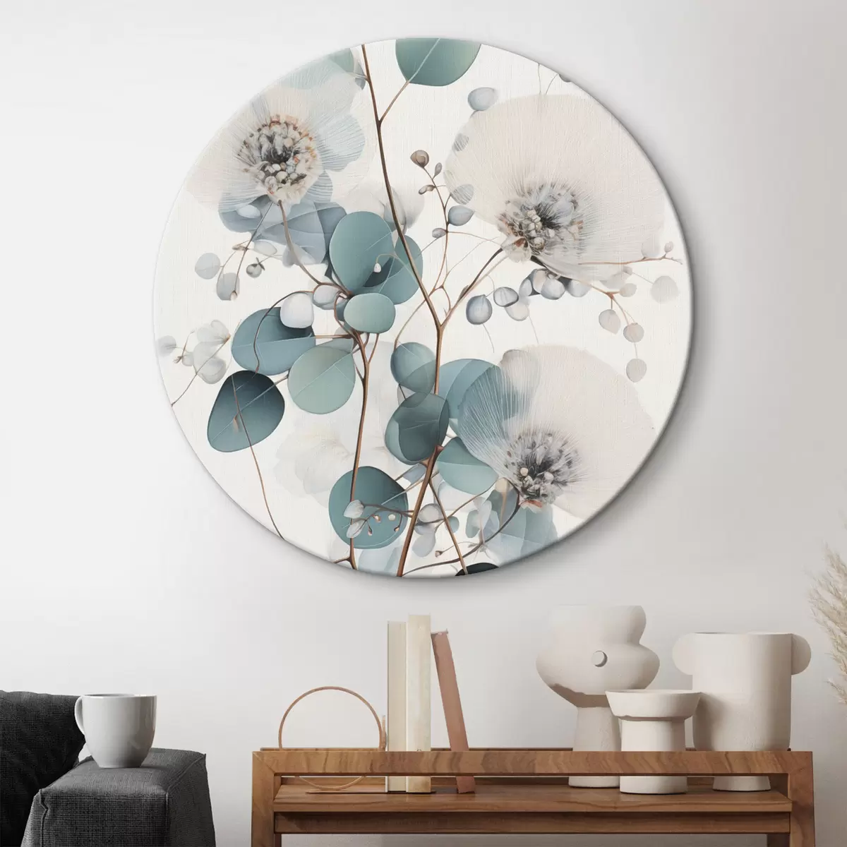 Ronde schilderijen Eucalyptus abstracte bloemen met witte bloemblaadjes, gedempte groene bladeren aan takken r45946
