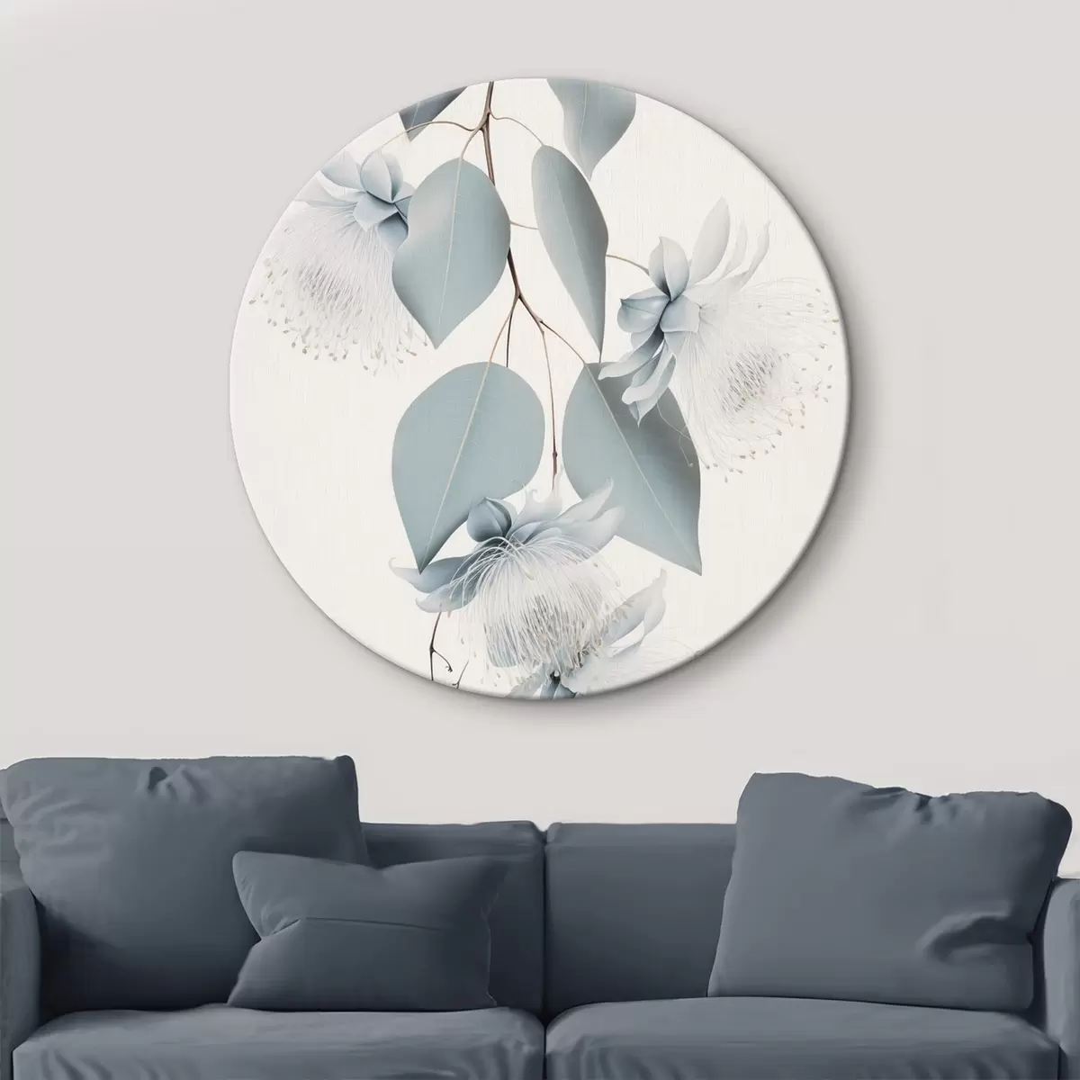 Ronde schilderijen Eucalyptustak met blauwe bladeren en witte bloemen, lichte achtergrond r45947