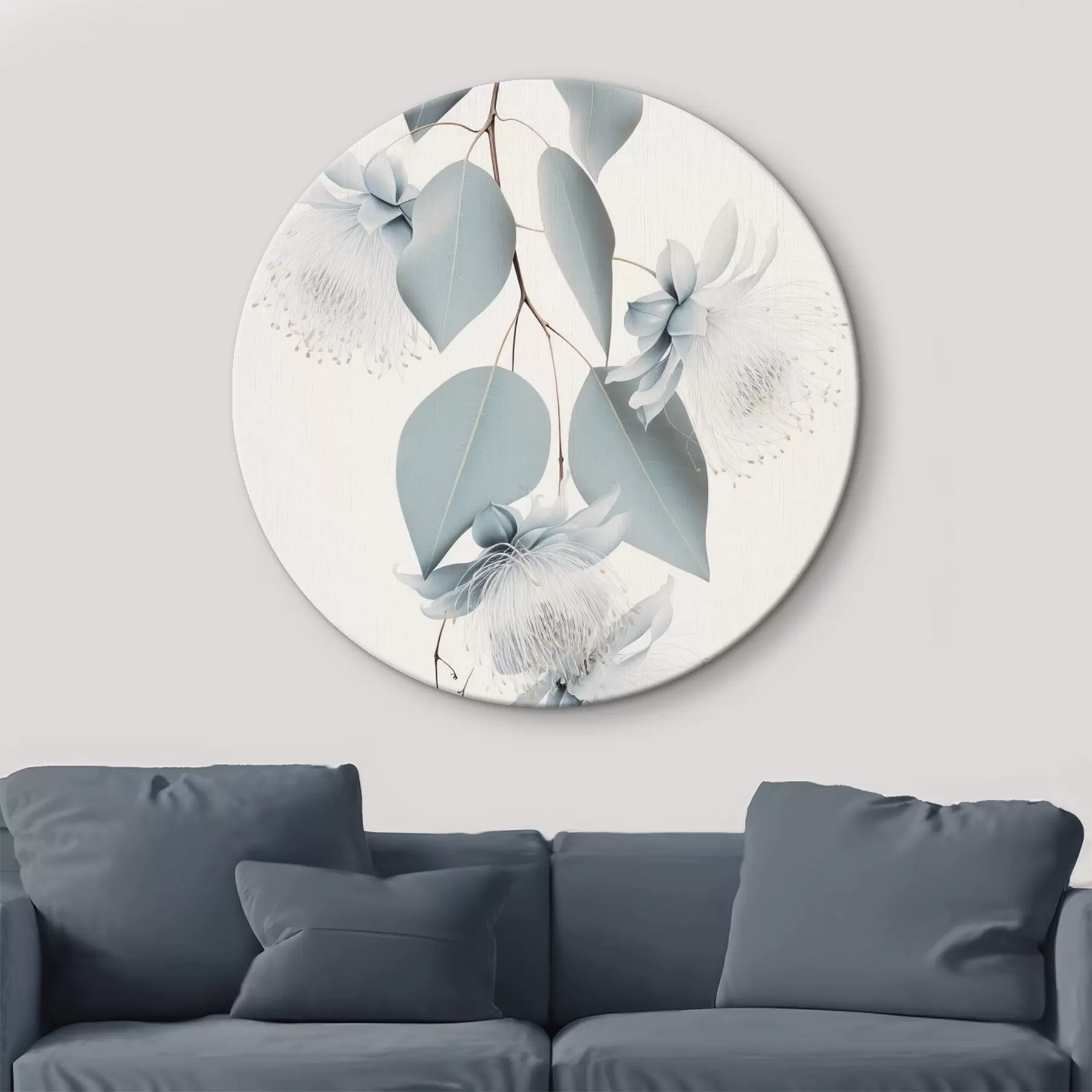 Schilderijen Eucalyptustak met blauwe bladeren en witte bloemen, lichte achtergrond r45947