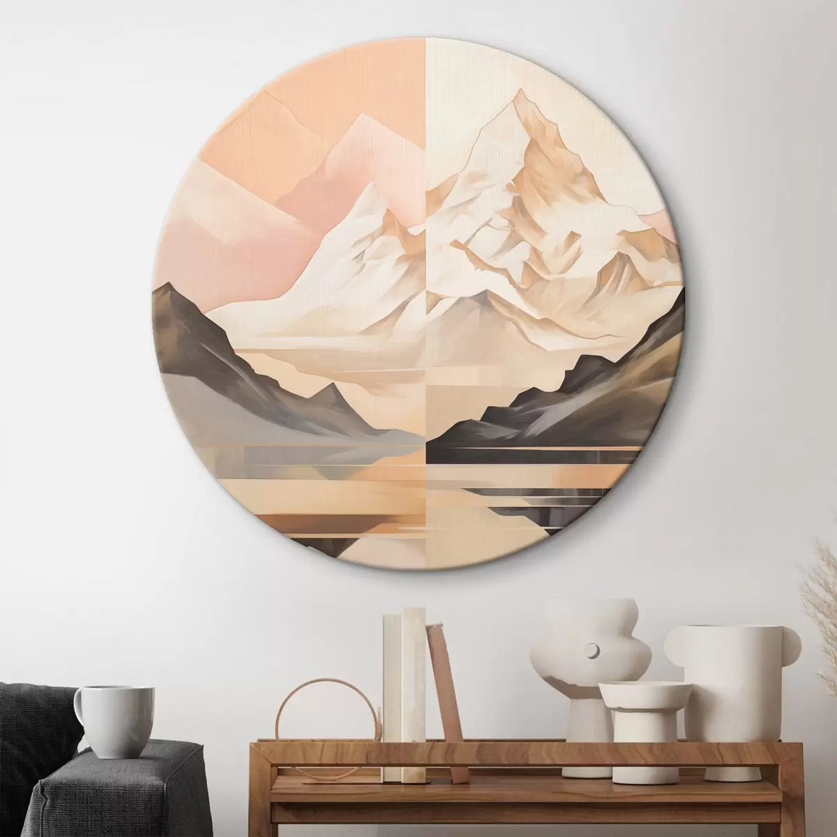 Ronde schilderijen Abstract landschap met bergen en een meer, pastelkleuren, minimalistische stijl r45948