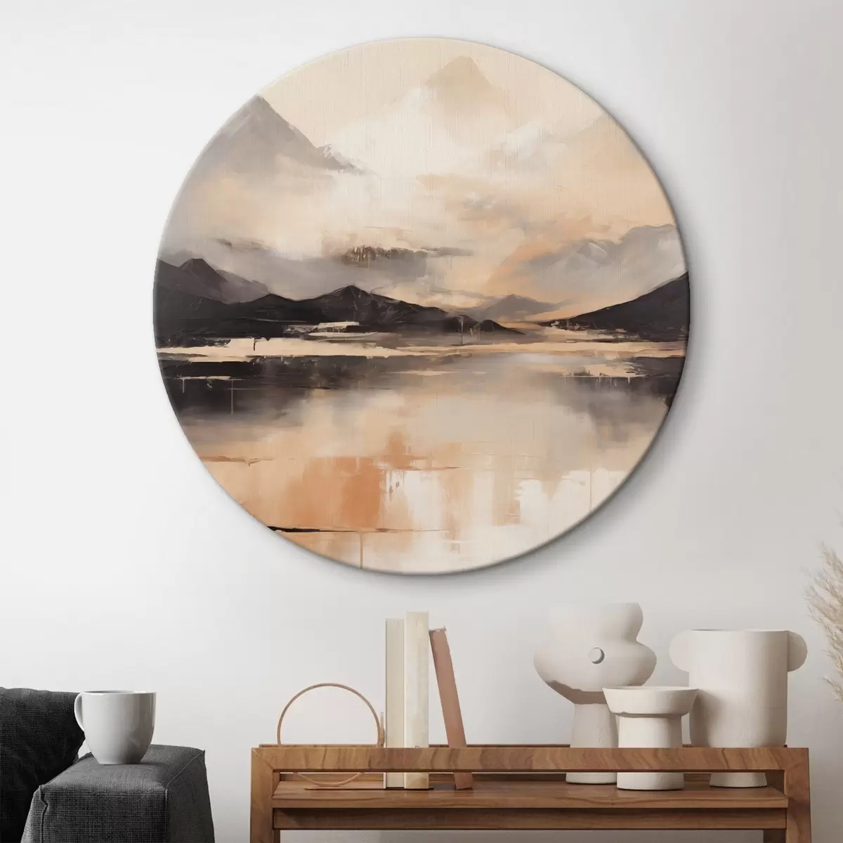 Ronde schilderijen Een landschapsschilderij met textuur dat bergen en een meer imiteert r45950