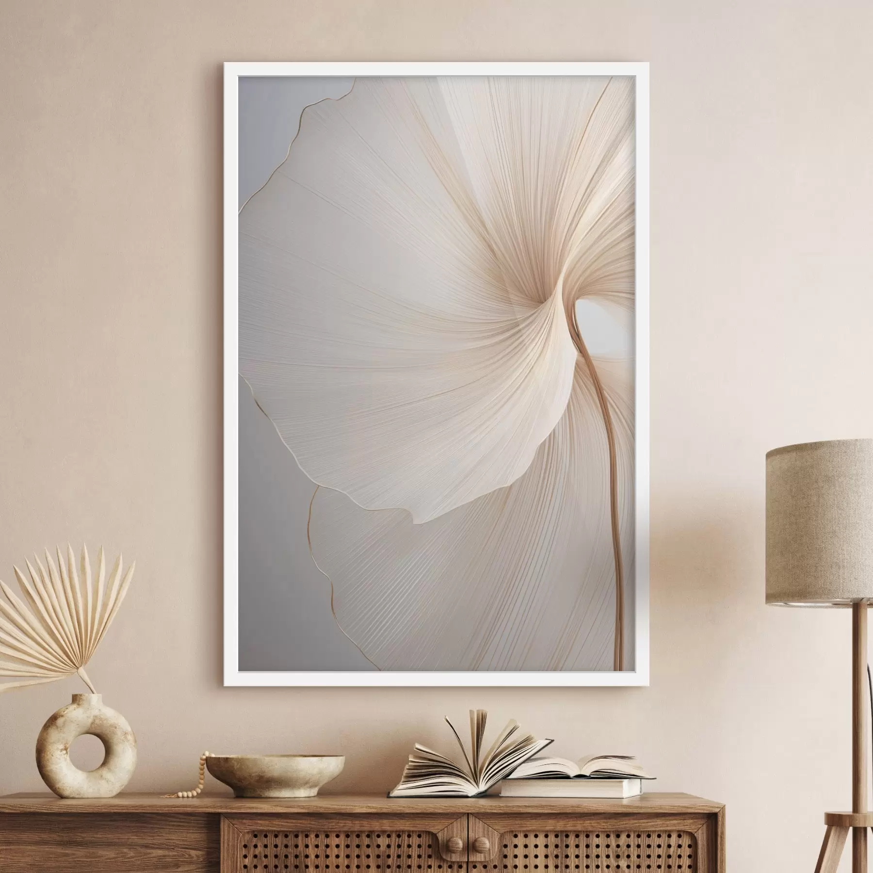 Fotobehang Abstracte bloemen met dunne, delicate bloemblaadjes in witte en beige tinten f45922