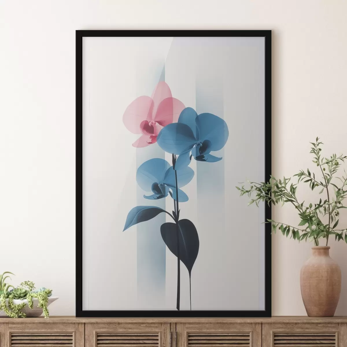 Poster Orchideeën met bladeren op een witte achtergrond met verticale strepen f45925