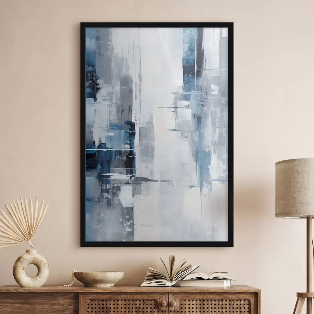 Poster Abstracte schilderijimitatie met blauwe, grijze en witte kleuren, verticale lijnen en geometrische vormen f45926