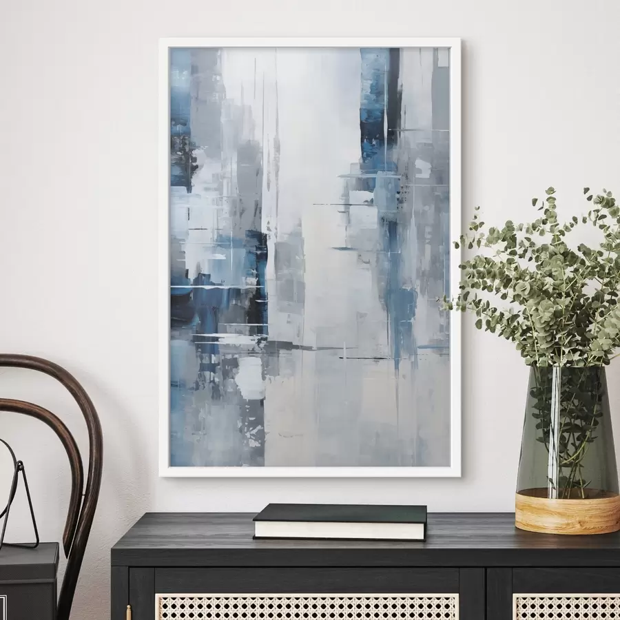 Fotobehang Abstracte schilderijimitatie met blauwe, grijze en witte kleuren, verticale lijnen en geometrische vormen f45926