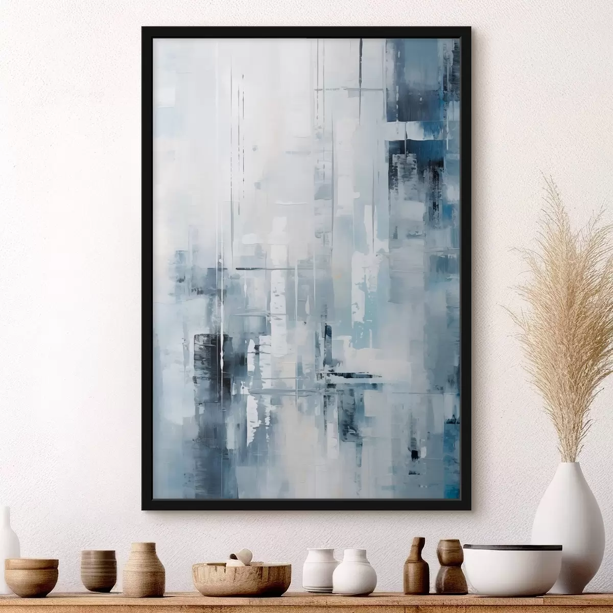 Poster Abstracte schilderijimitatie met blauwe, grijze en witte kleuren, verticale lijnen en geometrische vormen f45927