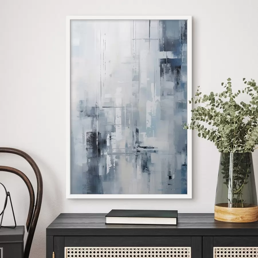 Fotobehang Abstracte schilderijimitatie met blauwe, grijze en witte kleuren, verticale lijnen en geometrische vormen f45927