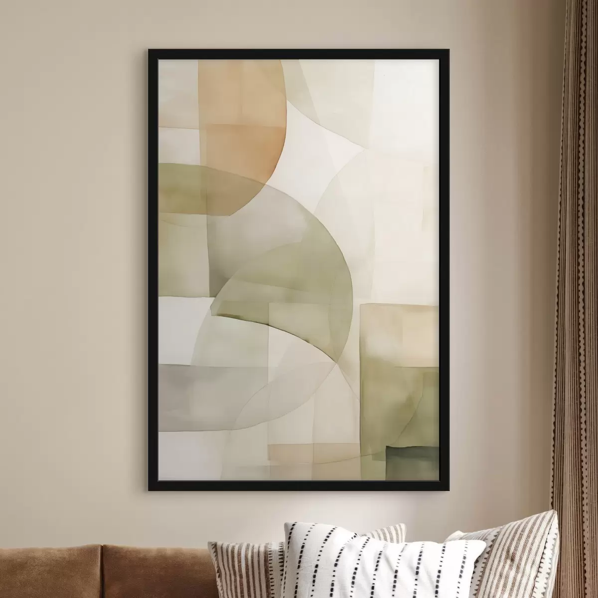Poster Abstracte geometrische vormen met waterverftextuur in tinten groen, bruin en beige f45929