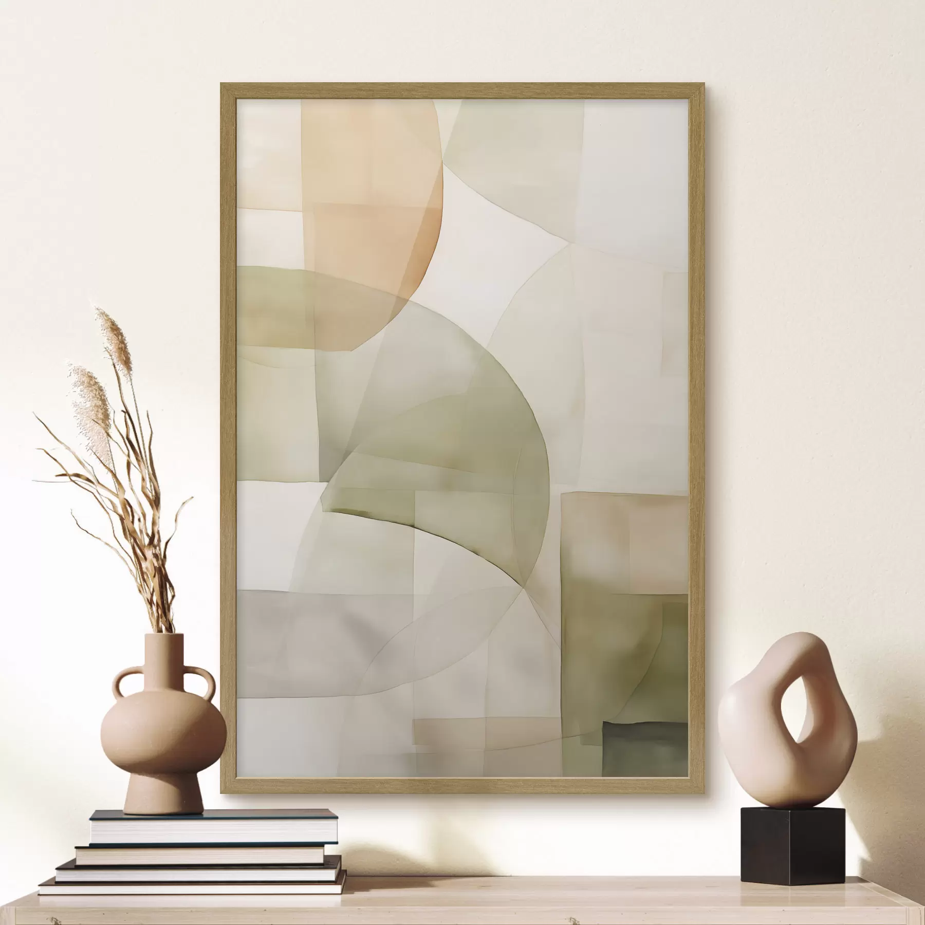 Fotobehang Abstracte geometrische vormen met waterverftextuur in tinten groen, bruin en beige f45929