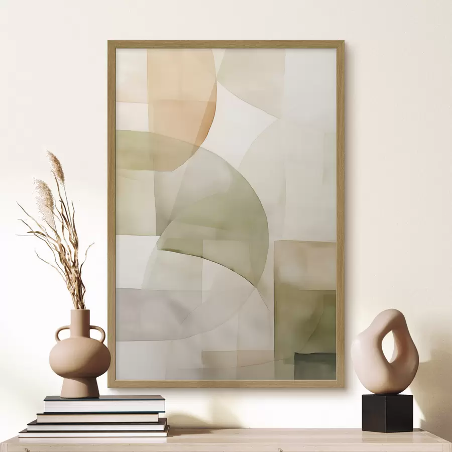 Fotobehang Abstracte geometrische vormen met waterverftextuur in tinten groen, bruin en beige f45929