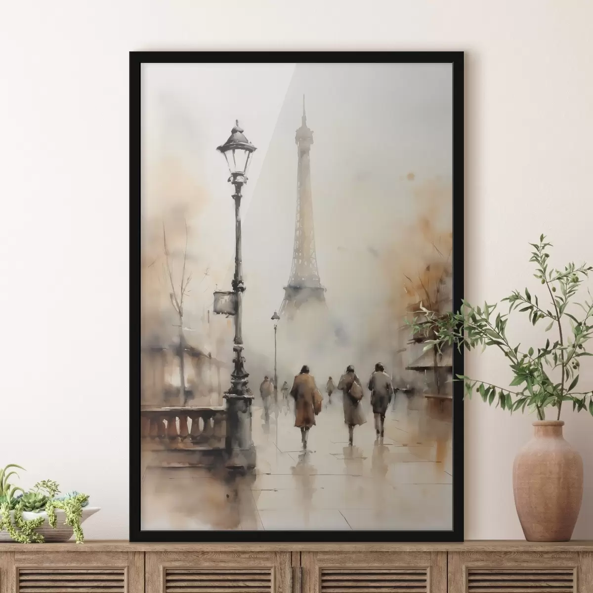 Poster Een regenachtige herfstdag in Parijs met de Eiffeltoren op de achtergrond en vintage straatlantaarns f45931