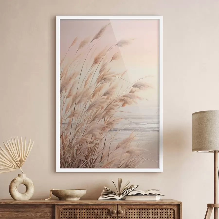 Fotobehang Pampagras met pasteloranje kleurenpalet, lichtroze lucht, een rustig landschap f45934