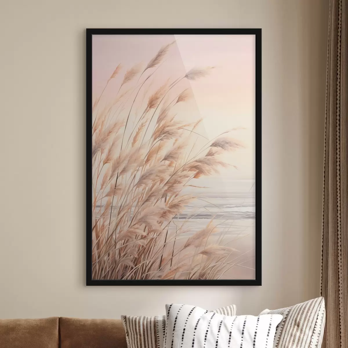 Poster Pampagras met pasteloranje kleurenpalet, lichtroze lucht, een rustig landschap f45934