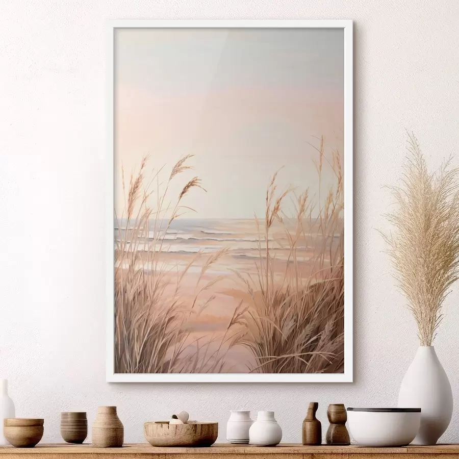 Fotobehang Pampagras met pasteloranje kleurenpalet, lichtroze lucht, een rustig landschap f45935