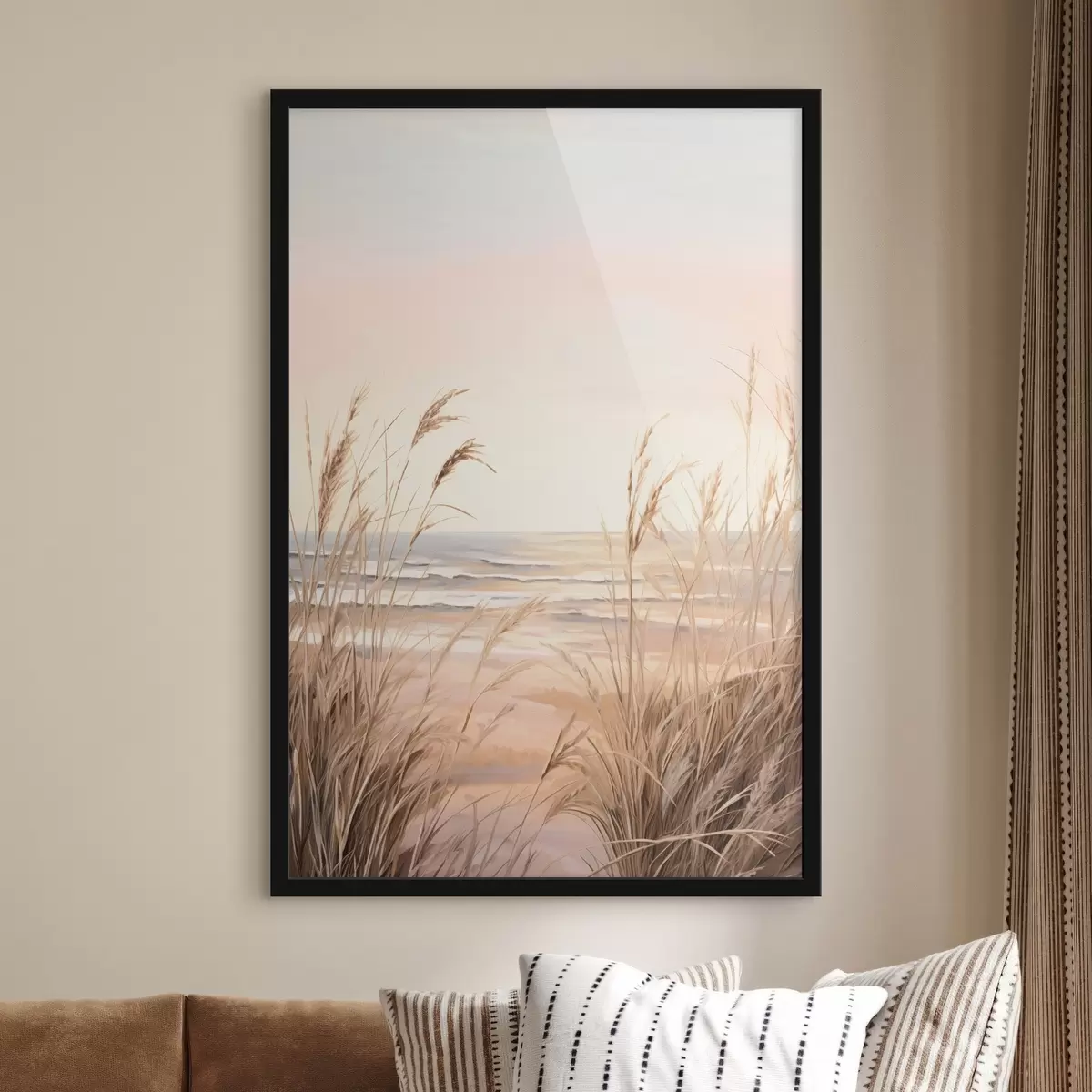 Poster Pampagras met pasteloranje kleurenpalet, lichtroze lucht, een rustig landschap f45935