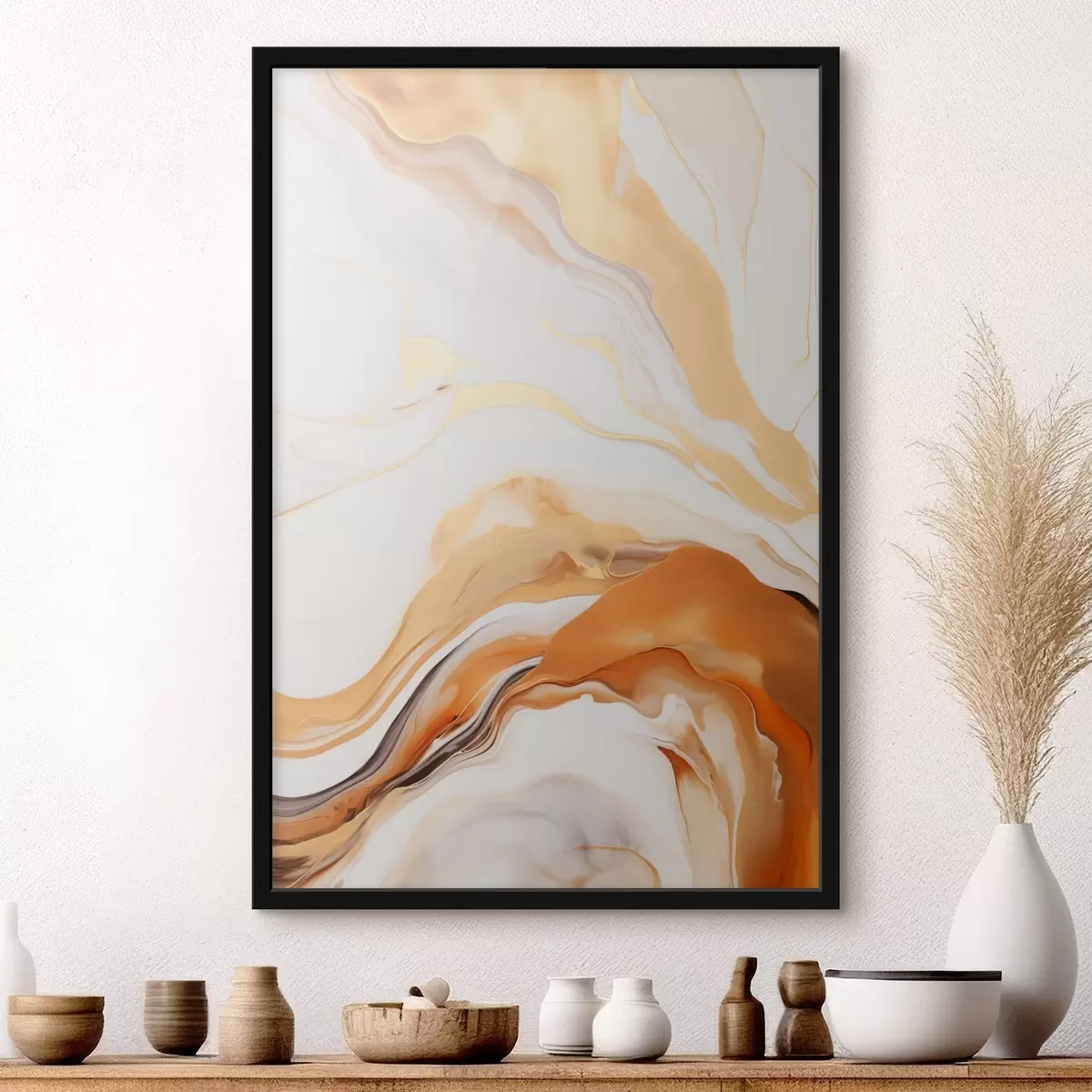 Poster Abstracte schilderkunst imitatie met vloeiende vormen in tinten wit, oranje en bruin, minimalistisch f45938