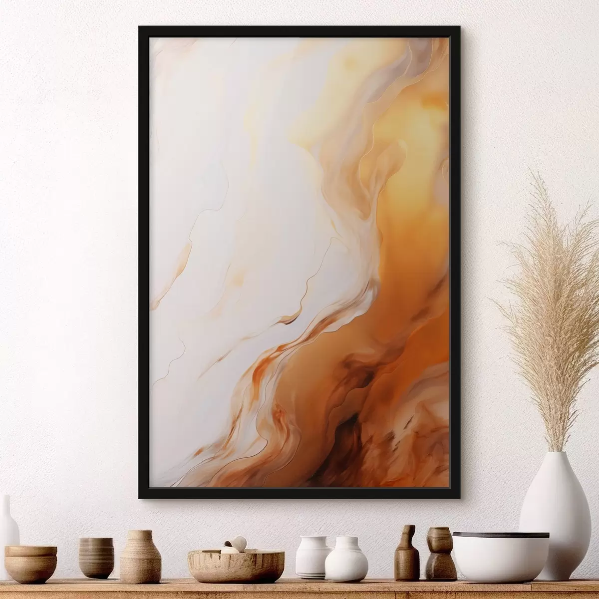 Poster Abstracte schilderkunst imitatie met witte en oranje kleuren, vloeiende kunst met golvende lijnen, moderne kunst f45939