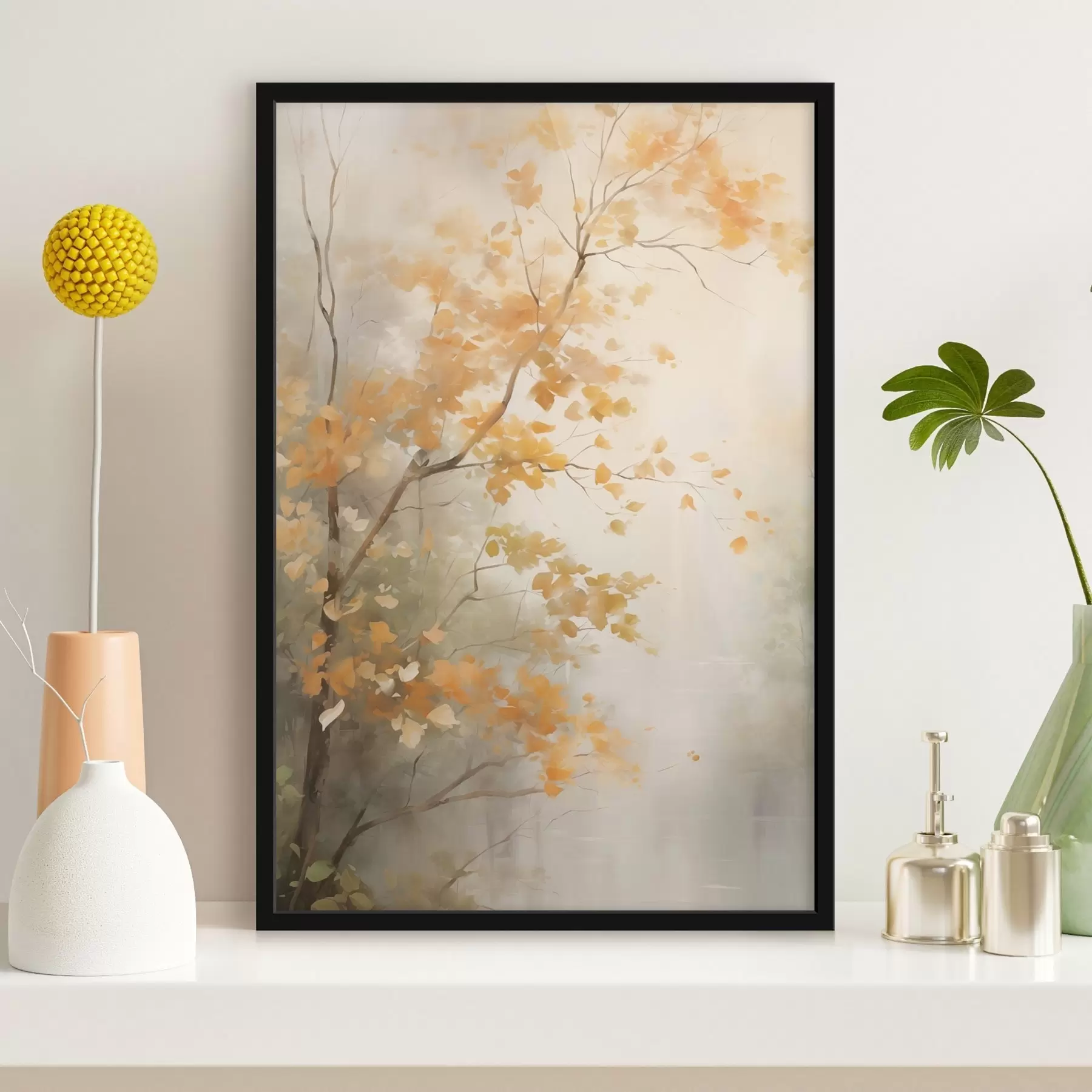 Fotobehang Herfstboomtakken met oranje bladeren in een bos met zacht licht f45940