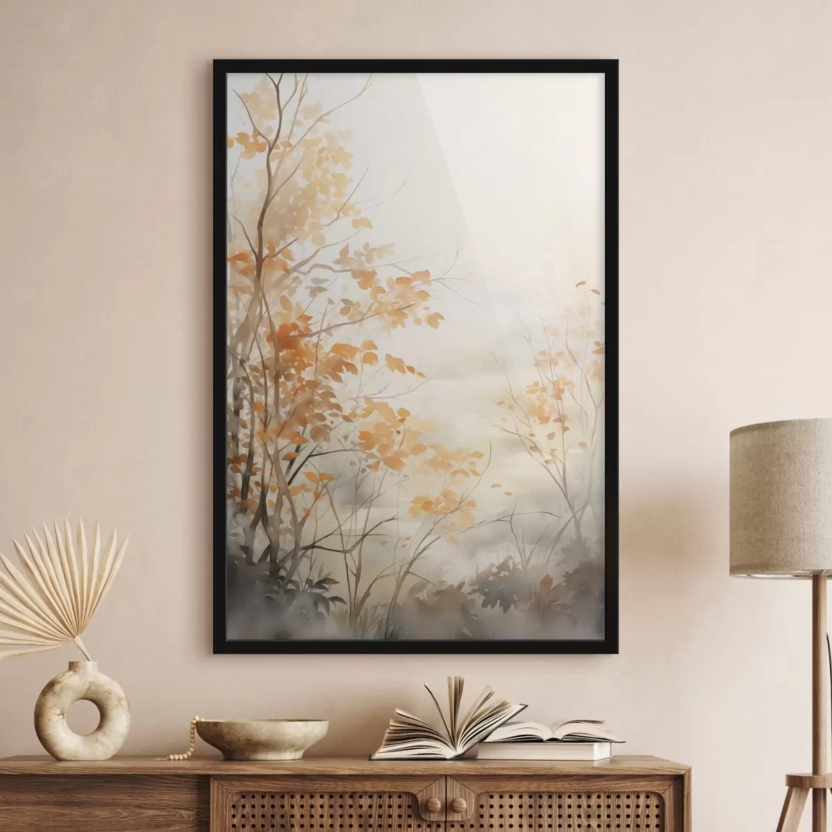 Poster Herfstbomen met oranje bladeren en takken, zachte aquarelstijl, delicate penseelstreken f45941