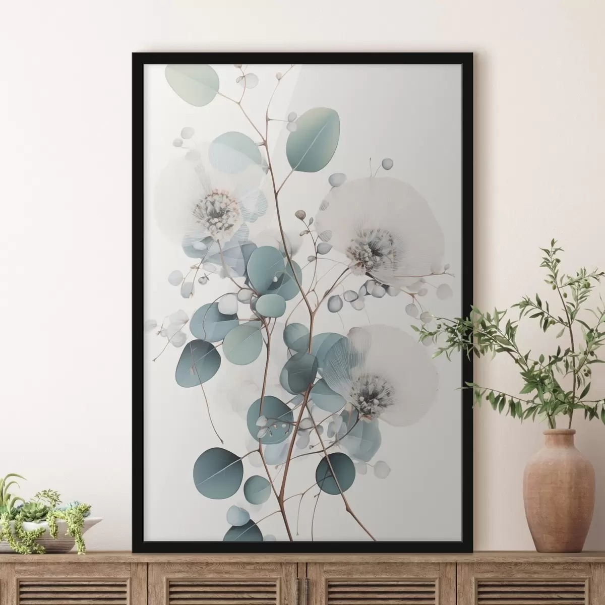 Poster Eucalyptus abstracte bloemen met witte bloemblaadjes, gedempte groene bladeren aan takken f45946