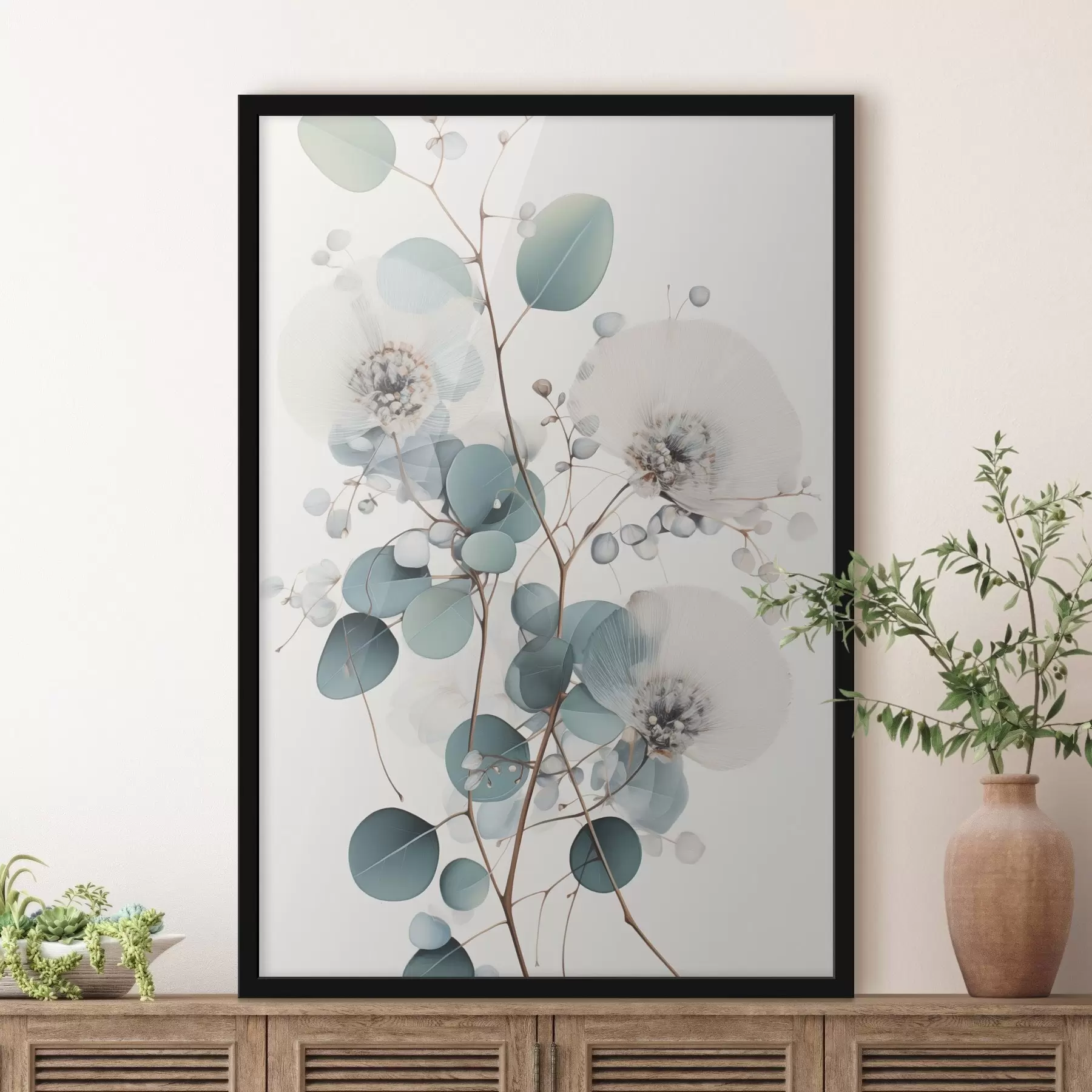 Fotobehang Eucalyptus abstracte bloemen met witte bloemblaadjes, gedempte groene bladeren aan takken f45946