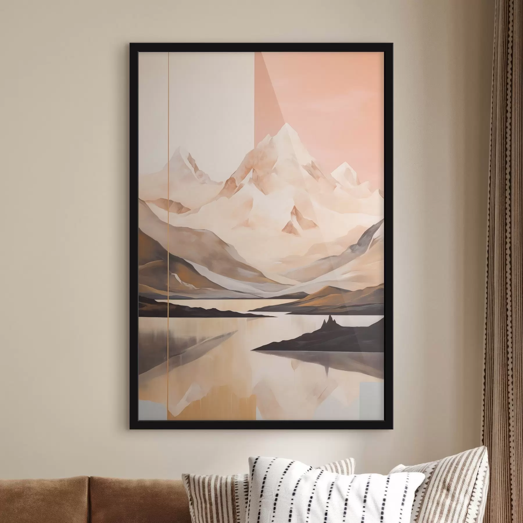 Fotobehang Abstract landschap met bergen en een meer, pastelkleuren, minimalistische stijl f45949