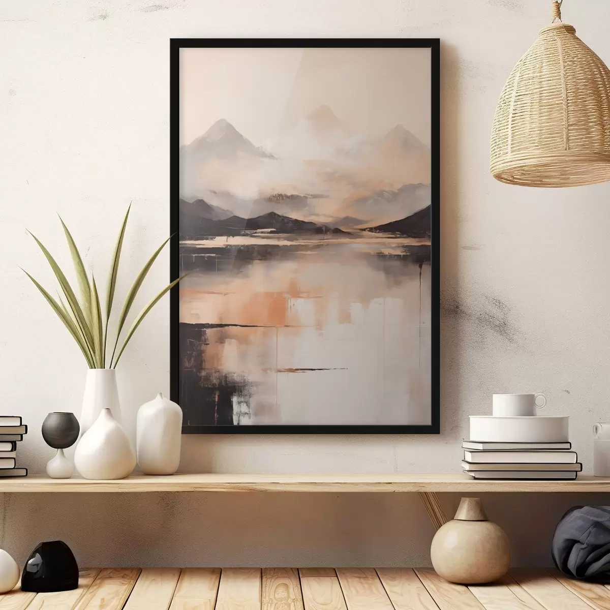 Poster Een landschapsschilderij met textuur dat bergen en een meer imiteert f45950