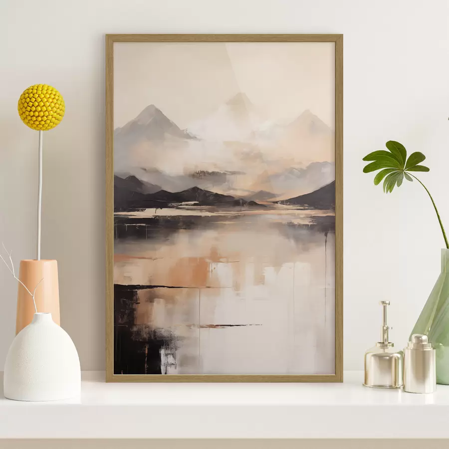 Fotobehang Een landschapsschilderij met textuur dat bergen en een meer imiteert f45950