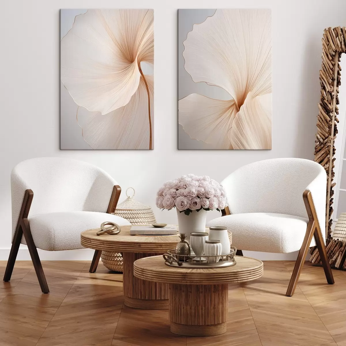  Schilderijen Abstracte bloemen met dunne, delicate bloemblaadjes in witte en beige tinten m00817